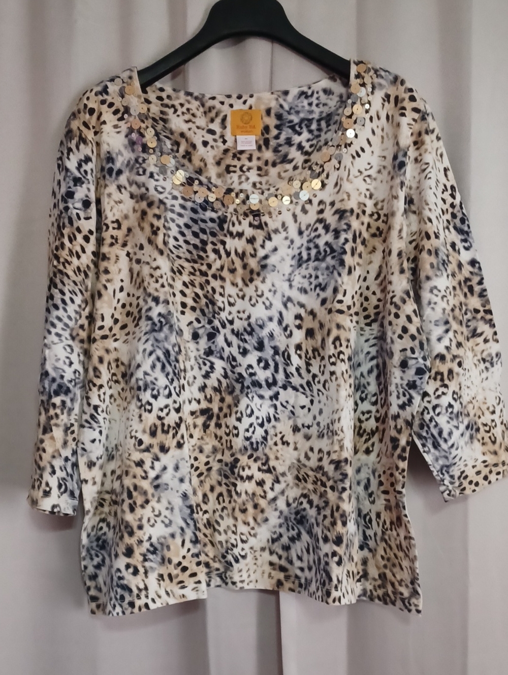 Ruby Rd. Leopard Print Scoop Neck 3/4 Sleeve Top Sequins Embellished Neckline